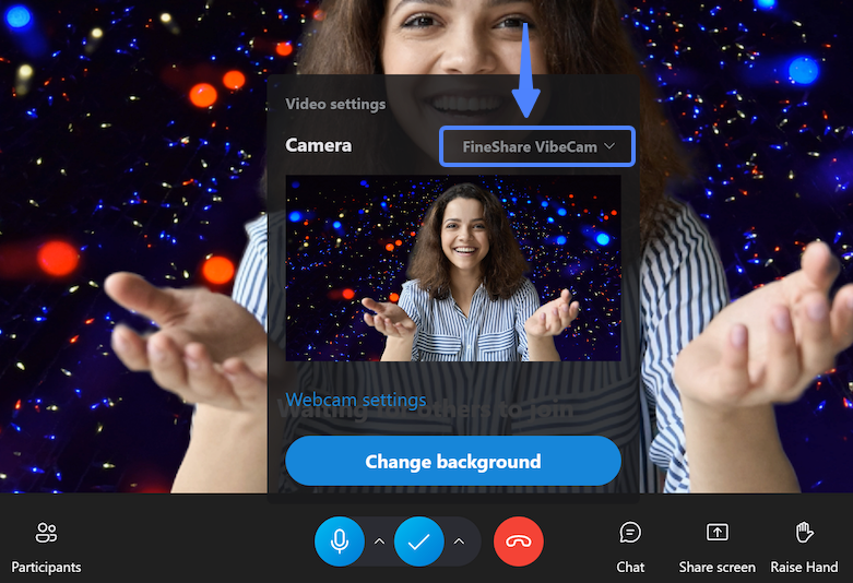Add FineShare VibeCam as camera source on Skype