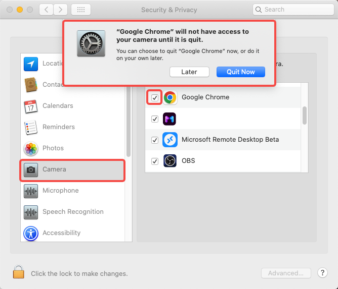 Allow Google Chrome to Access Mac Cameras
