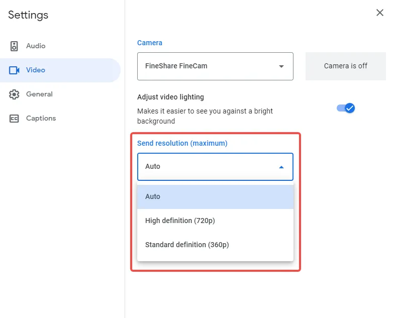 Google Meet Resolution Adjustment