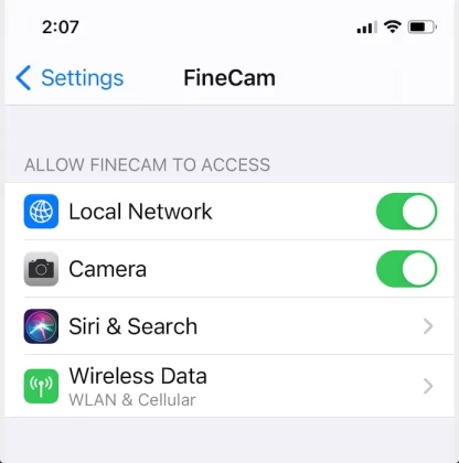 Check Whether Allowed FineCam to Access Camera and Network