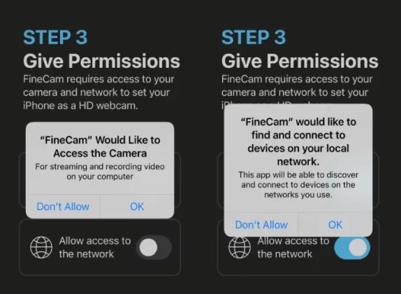 Allow FineCam to Access Camera & Network on Your iPhone