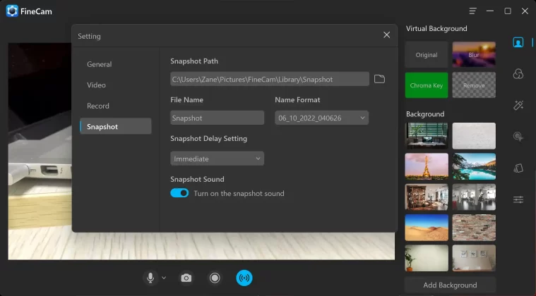 Snapshot Output Settings - FineCam