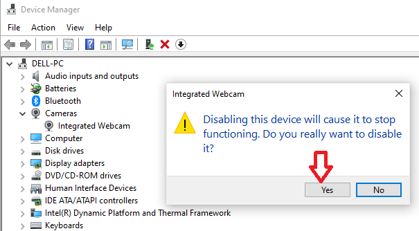 Fix Dell Camera Not Working - Confirm Disable Camera