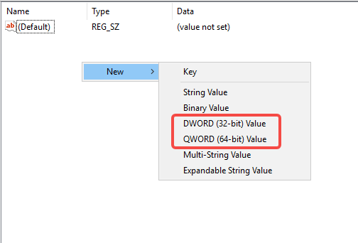 Click New > DOWRD (32-bit) Value