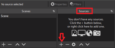 Click + to Add a Source on OBS