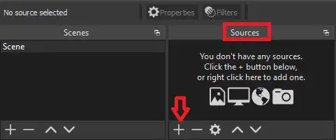 Click + to Add a Source on OBS