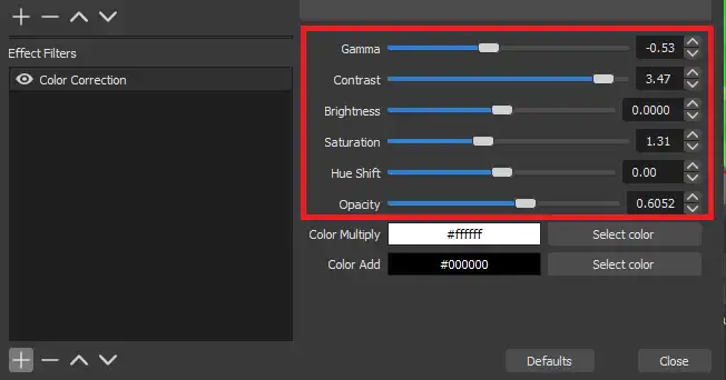 OBS Studio Color Correction Settings