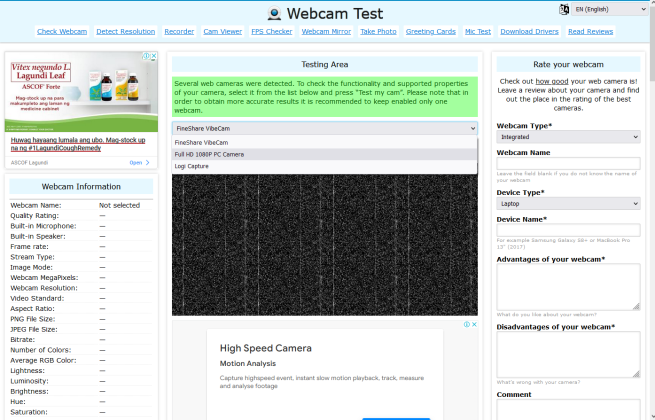 Test webcam using Online Camera Tester