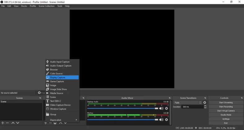 Add Display Capture Source - OBS Studio