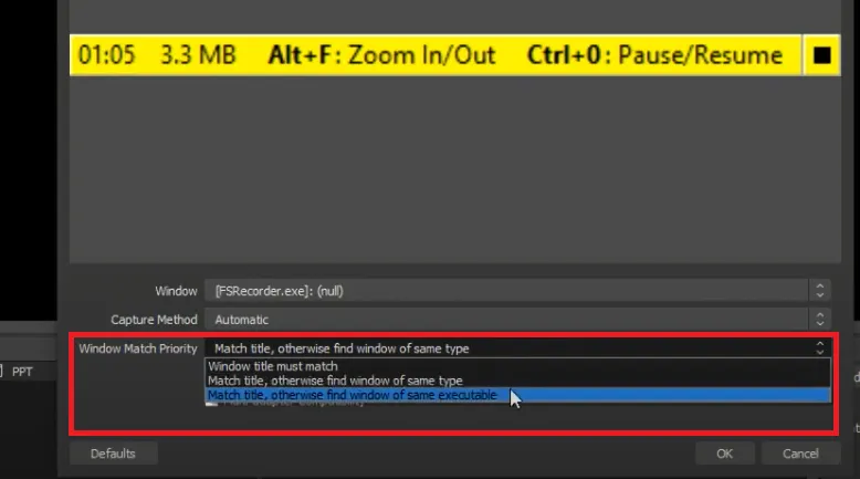 Windows Match Priority - OBS Studio