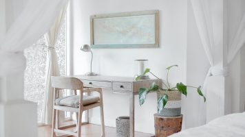 White Working Space with A Green Plant