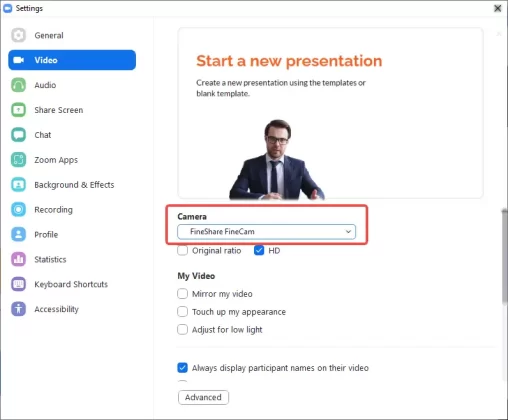 Use FineShare FineCam on Zoom
