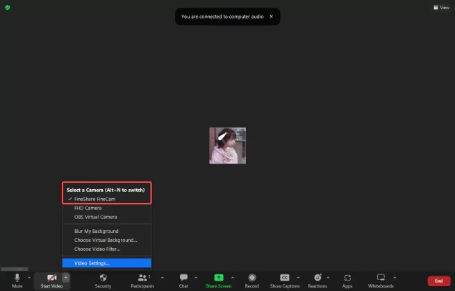 choose FineCam as the camera source on Zoom