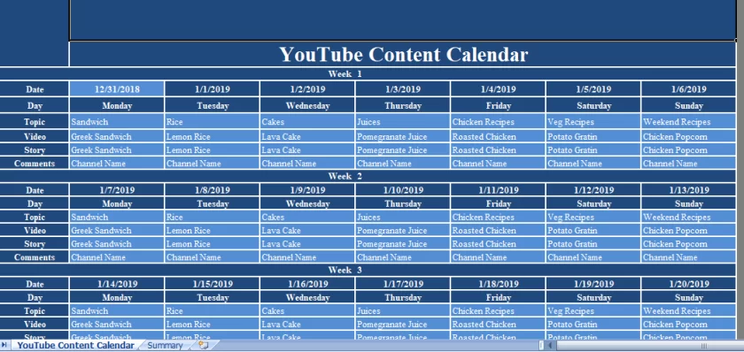 YouTube content calendar