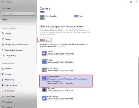 give Teams camera permission on Window