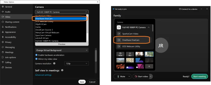 use FineShare FineCam as a camera source