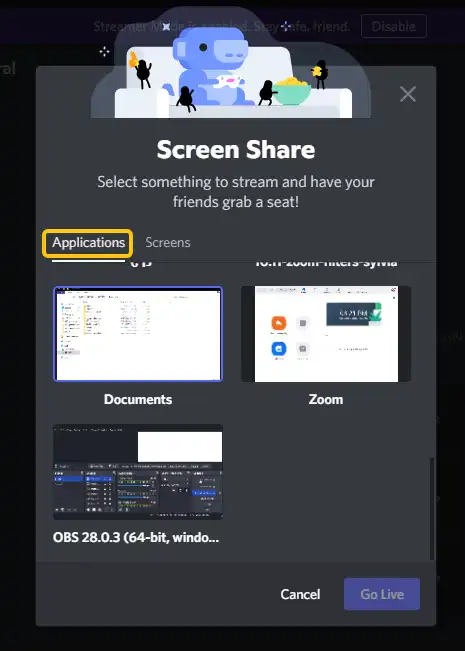 choose the application window to stream