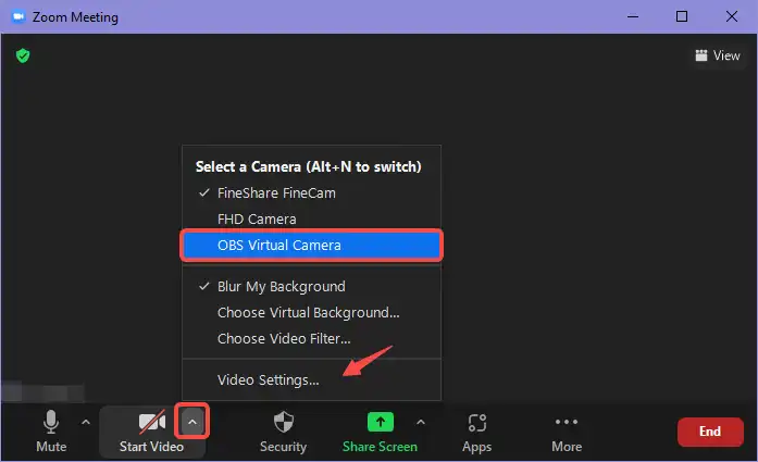 set OBS virtual camera in a meeting