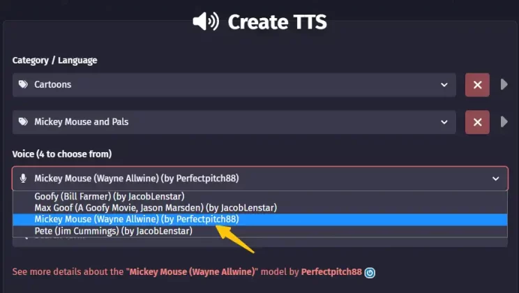 select a Mickey Mouse voice you want to generate
