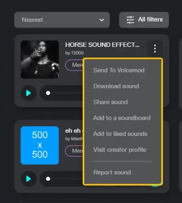 the More Action menu of each sound