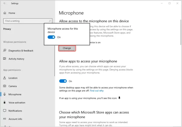 turn on Microphone access for this device