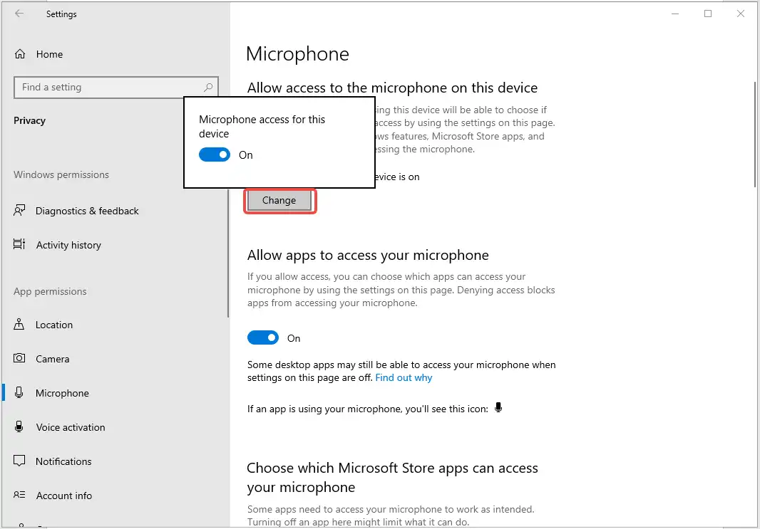 turn on Microphone access for this device