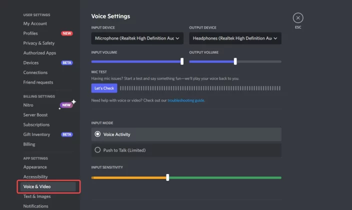 Voice & Video Settings