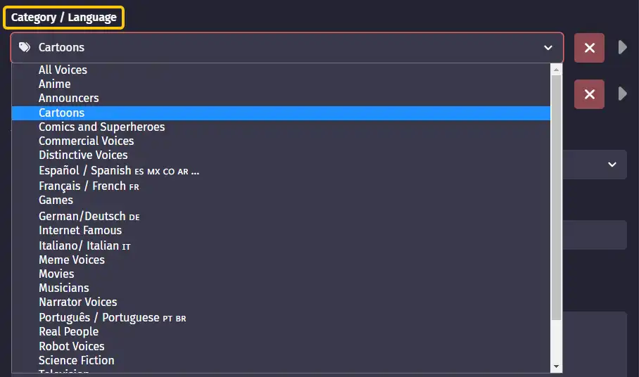 select a category/language