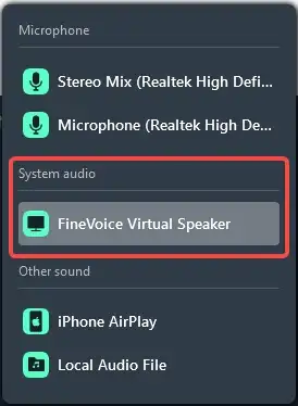 select the FineVoice Virtual Speaker option