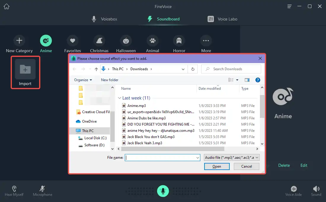 import audio files to FineVoice soundboard