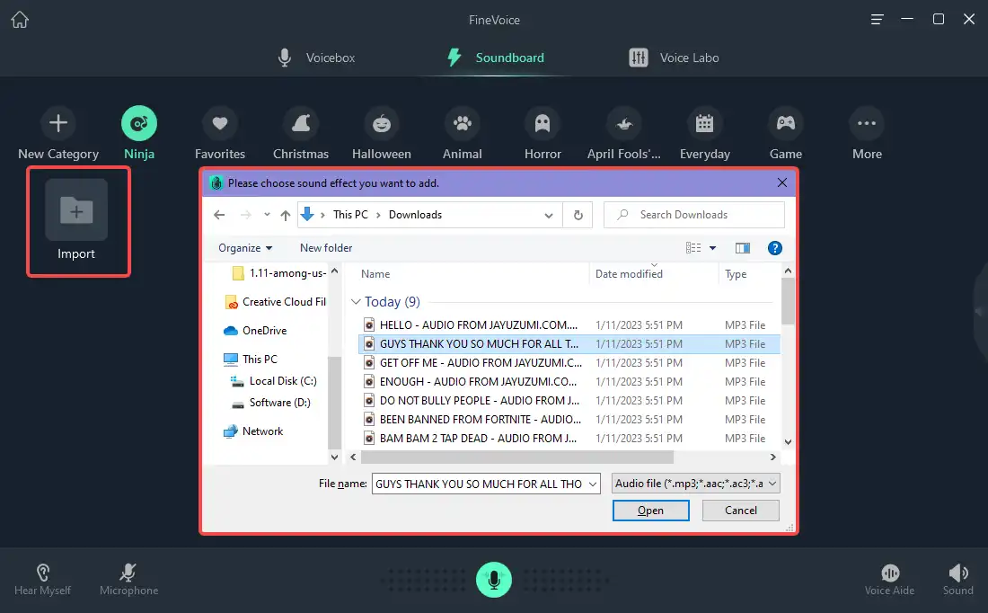 import ninja sounds to the created soundboard