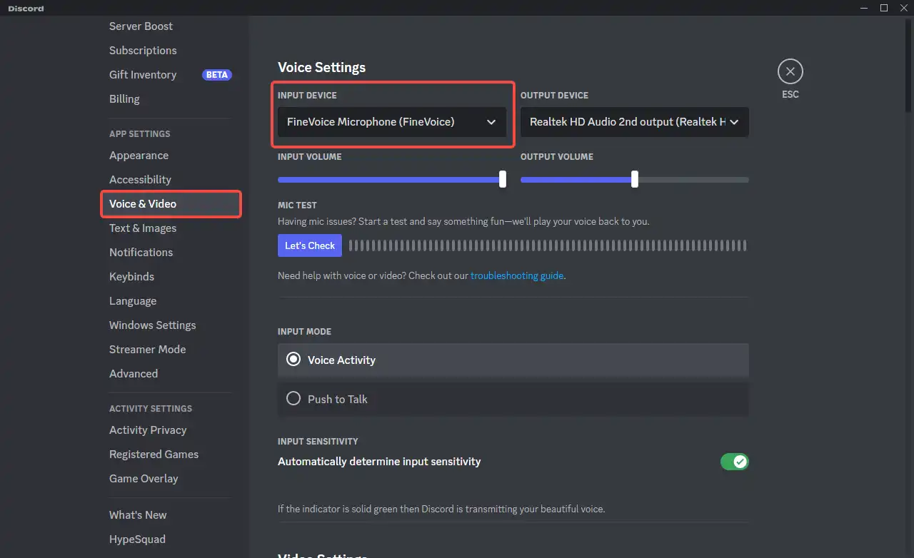 select FineVoice as the input device in Discord