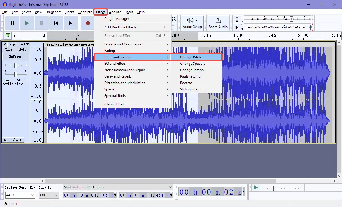 Effect > Pitch and Tempo > Change Pitch