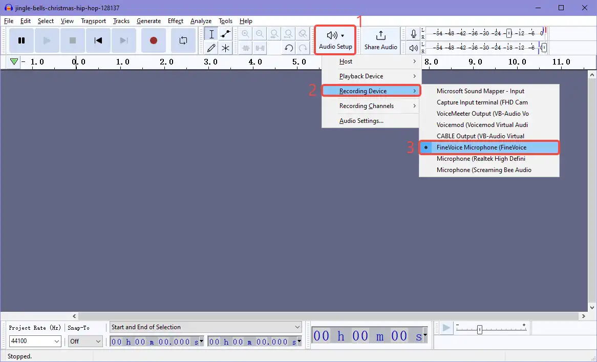 select FineVoice as the recording device in Audacity