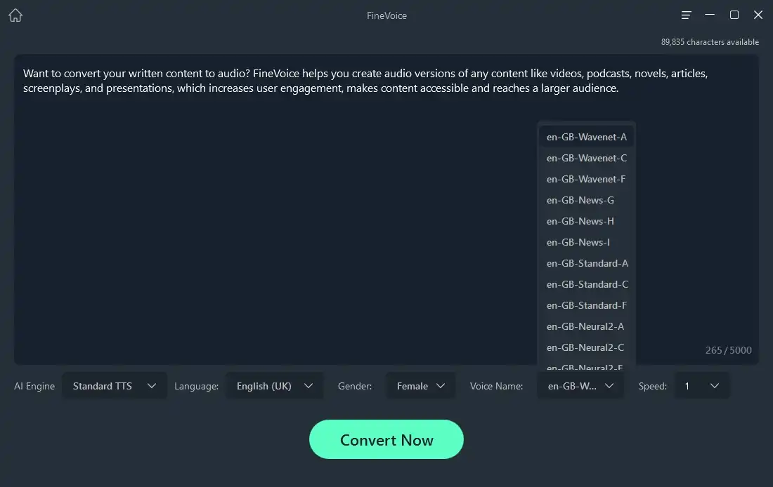 British accent speech generation settings