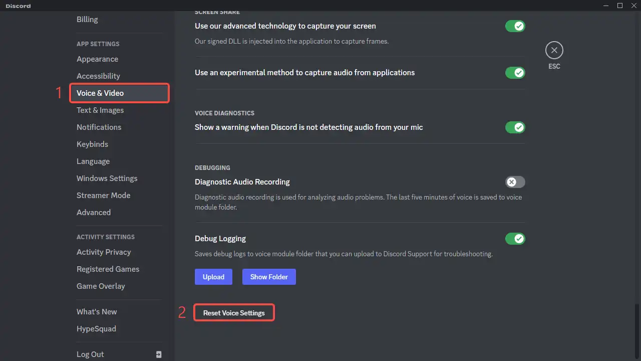 reset Discord voice settings