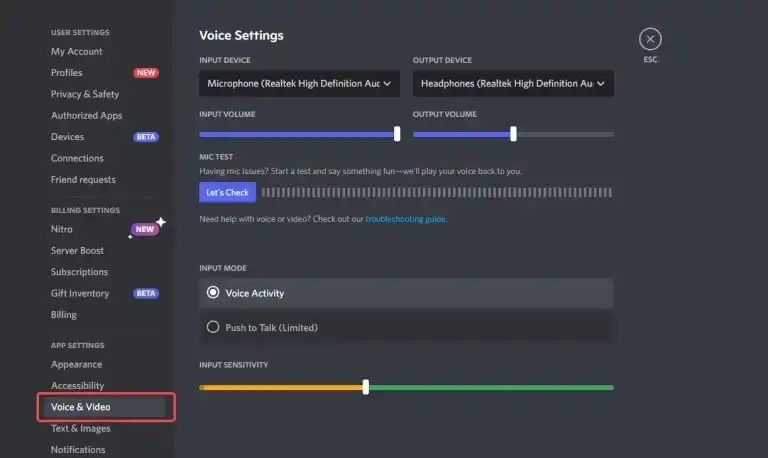 voice & video settings