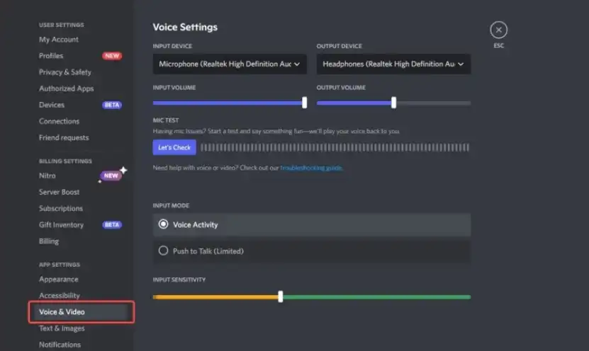 Voice & Video Settings