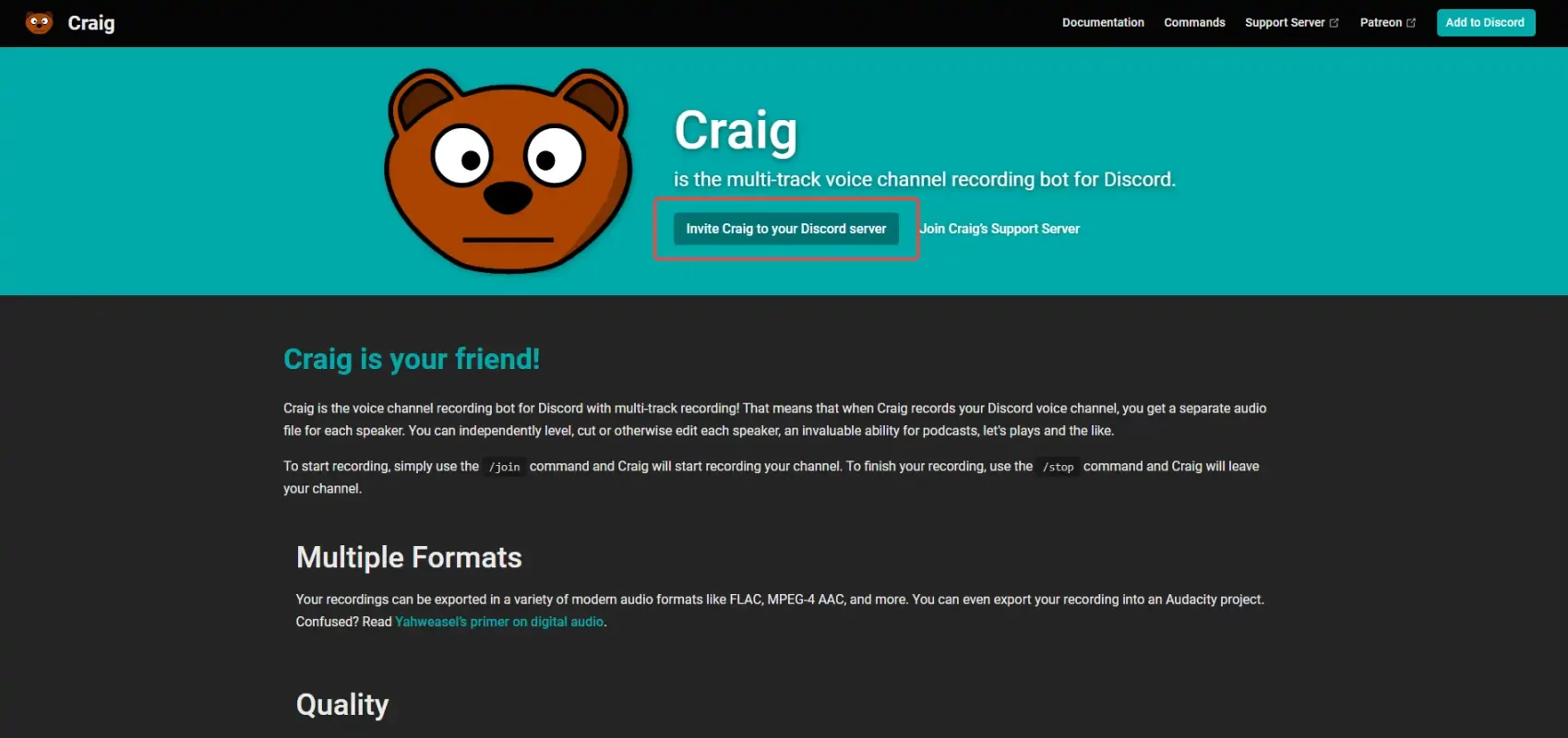 Click Invite Craig to your Discord server.