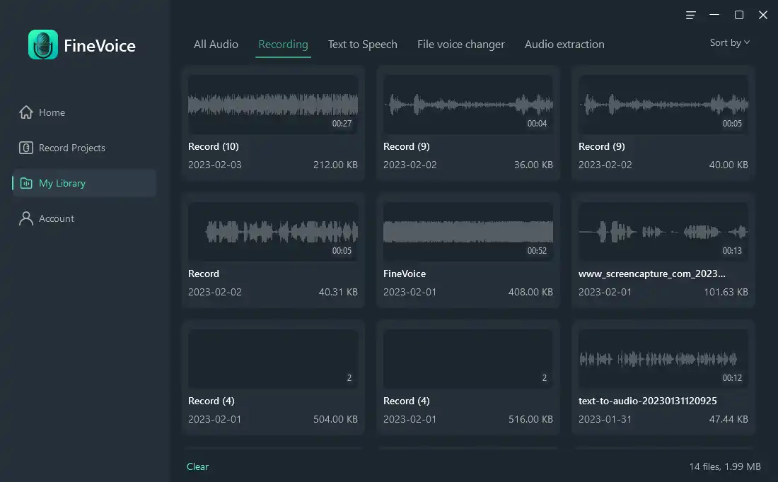 view recordings in FineVoice My Library