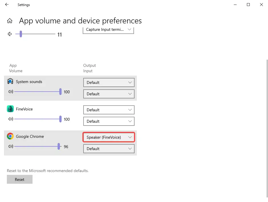 select FineVoice as the output device to capture a certain app’s voice