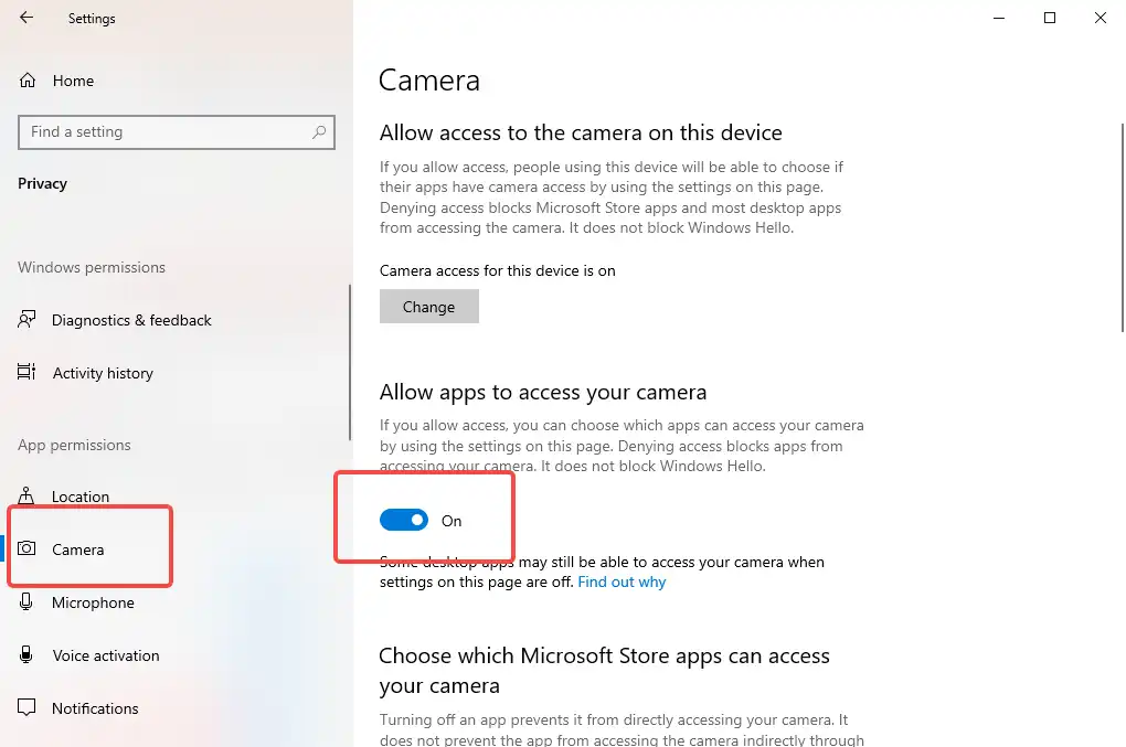 turn on allow apps to access your camera