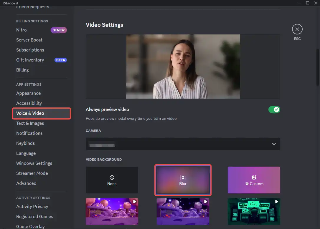 blur webcam background in Discord