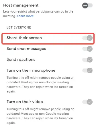 enable Share their screen