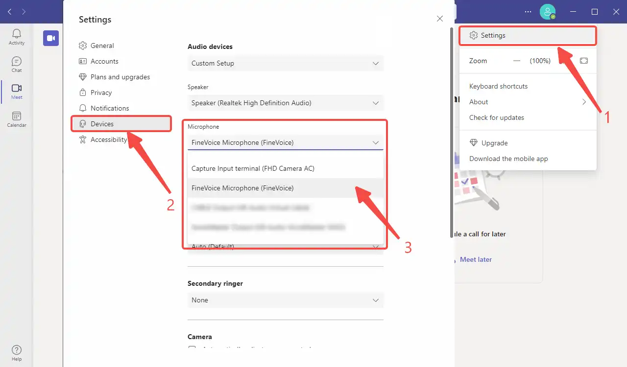 Select FineVoice as the microphone in the device settings