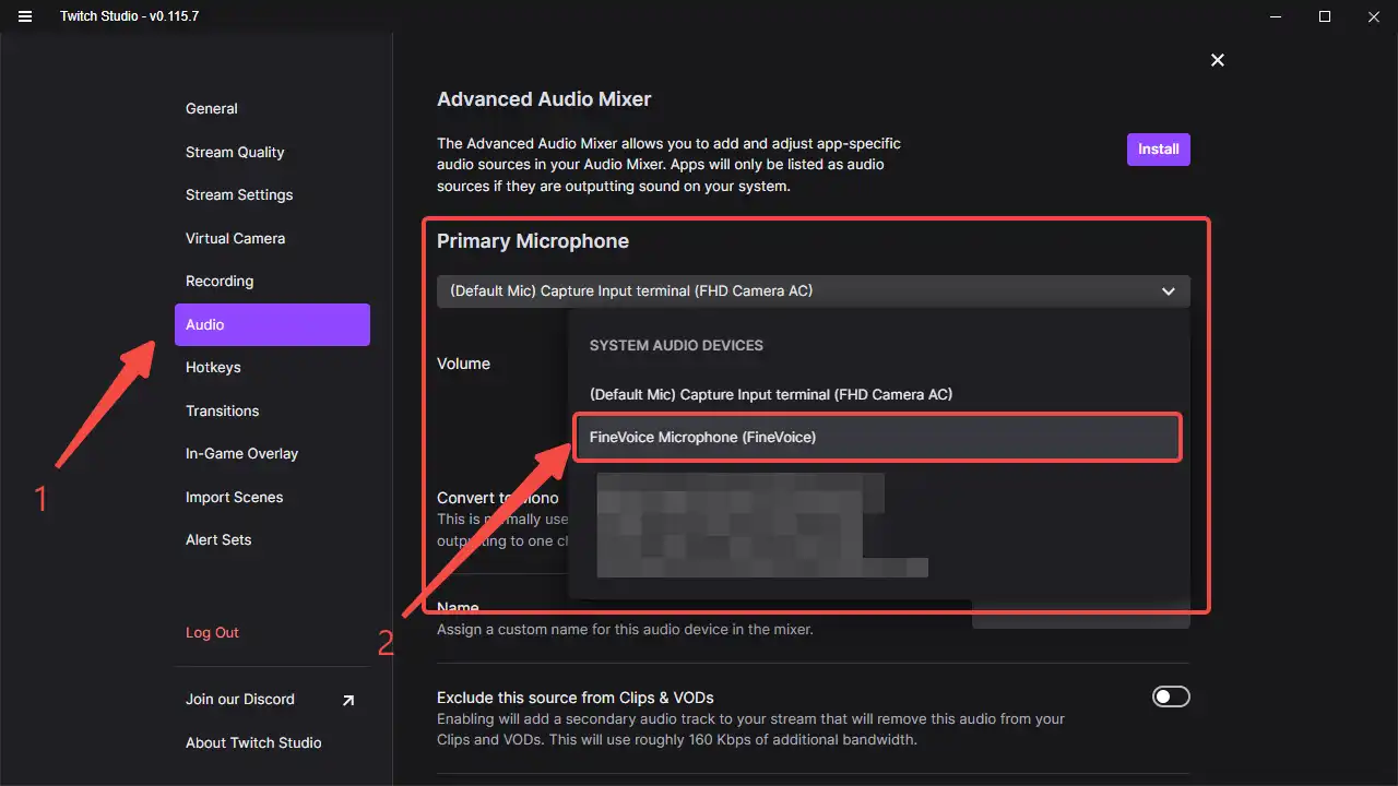 select FineVoice Microphone as the primary microphone