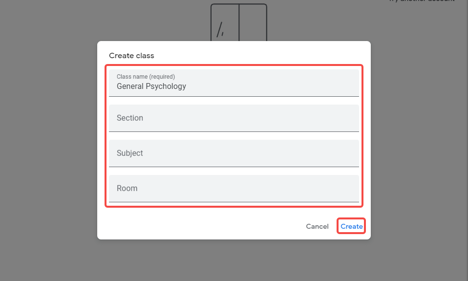 fill in the classroom information and create