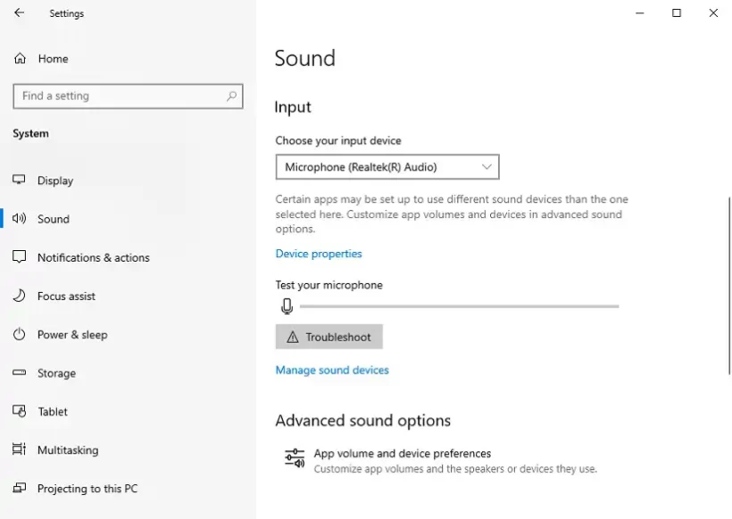 Windows sound setting