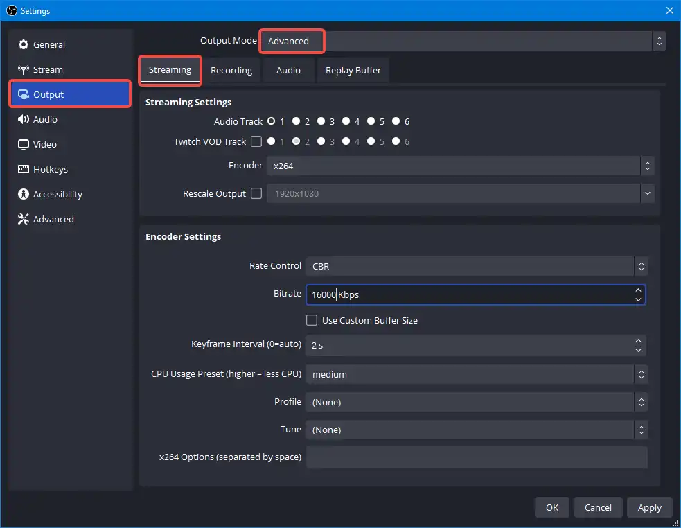 OBS output settings