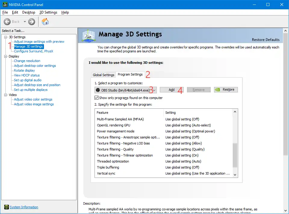 NVIDIA Control Panel manage 3D settings